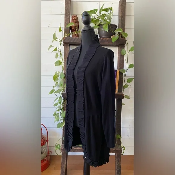 Valerie Steven’s: Elegant Black Open-Front Cardigan Sweater with Ruffle Trim - Picture 7 of 17